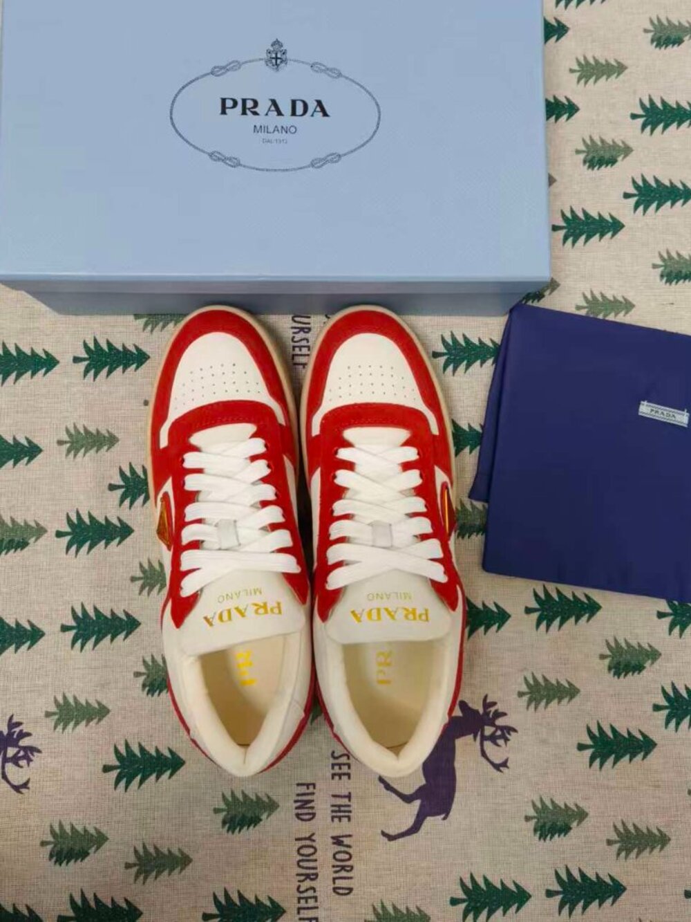 Prada Downtown Bold Sneakers, White & Red Leather Low-Top Shoes